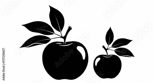 Simple Black and White Silhouette Illustration of Two Apples with Stems and Leaves, symbolizing healthy eating and nature's bounty