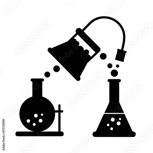 Science experiment with flasks pouring liquid in laboratory setting  