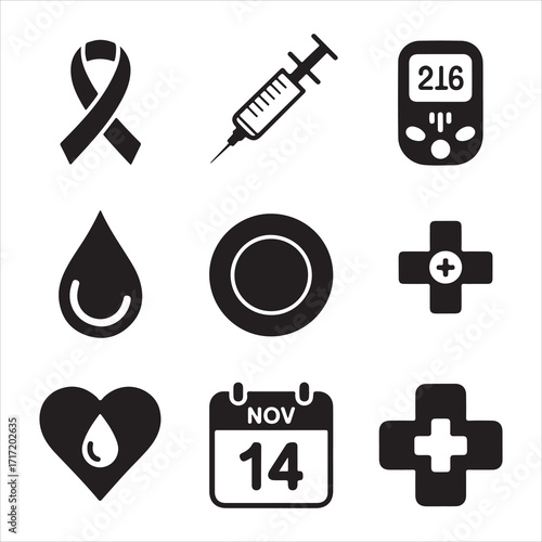  world diabetes day vector art icon pack icon set bandle banner silhouetee balck and white backgrount