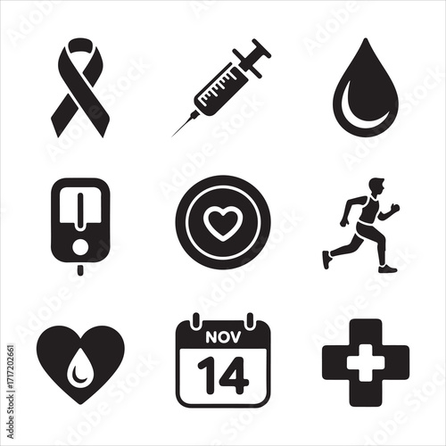  world diabetes day vector art icon pack icon set bandle banner silhouetee balck and white backgrount