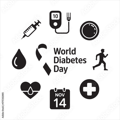  world diabetes day vector art icon pack icon set bandle banner silhouetee balck and white backgrount