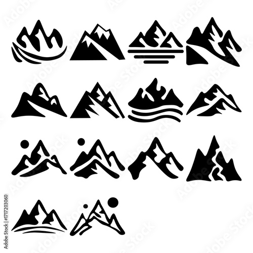 A collection of twelve minimalist black mountain silhouette peak icons varying in style and shape