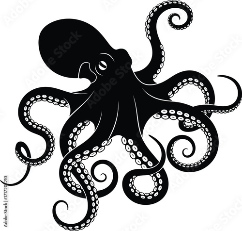 Stylized silhouette of an octopus with wavy tentacles perfect for marine life and nautical designs vector