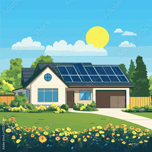 Solar Panel Installation on Roof Under Bright Sunlight in Modern Suburban Area , vector style simple color