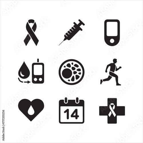  world diabetes day vector art icon pack icon set bandle banner silhouetee balck and white backgrount