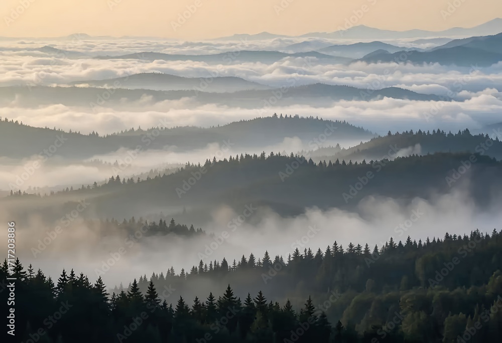 Fototapeta premium Misty mountain layers fading into distance with fog and soft light at sunrise