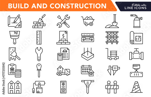 Build and construction linear icon set. Architecture, cranes, workers, buildings, safety, engineering, infrastructure, blueprints, vector outline icon set. UI thin line icon pack