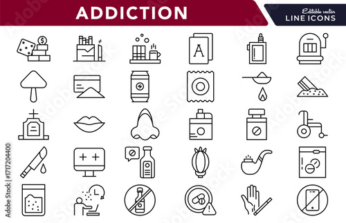 Addiction and bad habits linear icon set. Drug, alcohol, smoking, gambling, cannabis, phone, media, junk food, tobacco, video, cocaine, vector outline icon pack. UI thin line icon pack