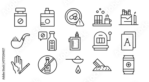 Addiction linear icon set. Alcohol, drug, cannabis, smoking, tobacco, cocaine, gambling, junk food, media, phone, video, vector outline icon pack. UI thin line icon pack