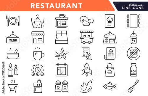 Restaurant linear icon set. Food, drinks, menu, dining, kitchen tools, pizza, salad, coffee, cocktails, catering, and vector outline icon pack. UI thin line icon pack