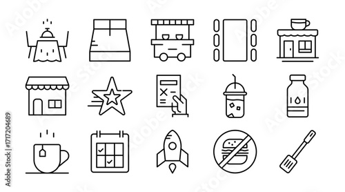Food and dining linear icon set. Restaurant, drinks, menu, kitchen tools, cooking, coffee, cocktails, pizza, salad, catering, hospitality, vector outline UI icons pack.