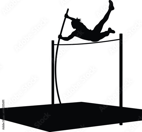 Dynamic silhouette of pole vaulter in mid air achieving peak performance and success vector