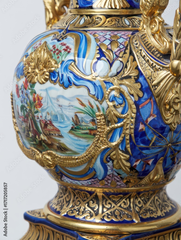 Fototapeta premium Ornate Blue Porcelain Vase with Gilded Embellishments and Scenic Painting