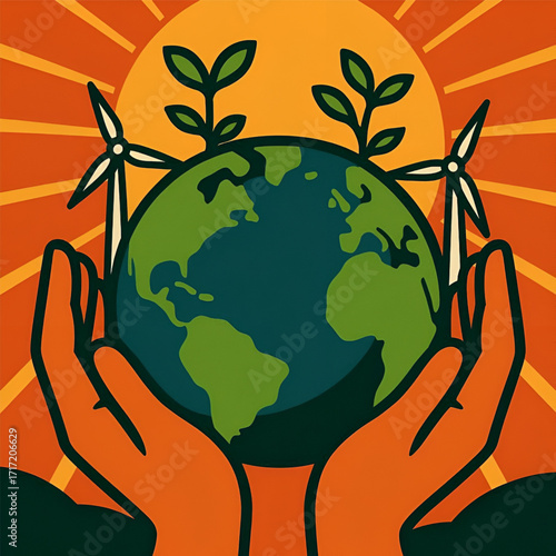 Eco Friendly Globe with Hands Holding Sustainability Energy Symbol