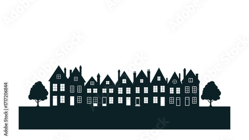 Row of Houses Silhouette: European Style Architecture with Trees, Dark Green and White Minimalist Graphic, Architectural Design Element, Real Estate Concept