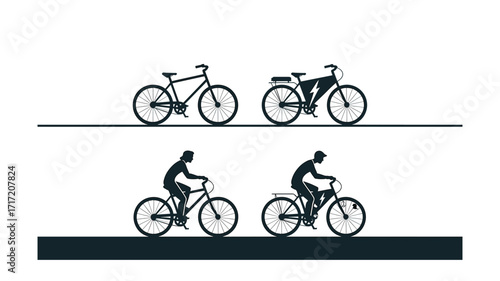 Bicycle and E-bike Silhouettes: Eco-Friendly Transportation for Modern Life, Featuring Electric Bikes and Cyclists in Minimalist Design for Sustainable Living.
