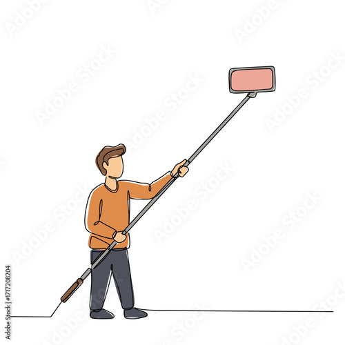 Man taking selfie with selfie stick in casual clothing  