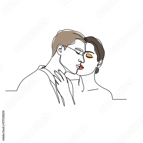 Line art of couple sharing a kiss with soft colors on white background  
