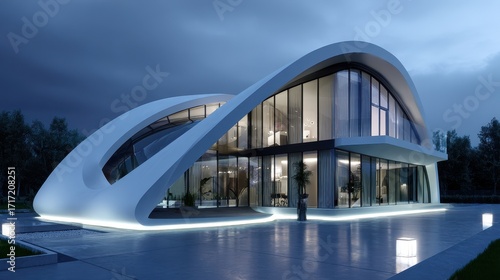 Futuristic Curvilinear Villa - Nighttime Architectural Rendering.
