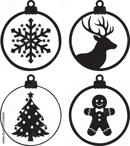 Christmas Ornament Silhouettes Snowflake Reindeer Tree & Gingerbread Icons in Circular Frames