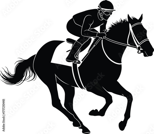 Silhouette of a jockey riding a galloping horse in dynamic motion vector