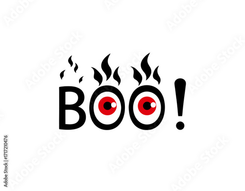 Spooky "BOO!" graphic with flaming eyes and exclamation point isolated on transparent background.