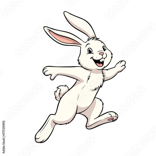 A cheerful white cartoon rabbit character running and hopping with a joyful expression.