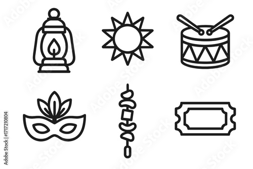 Carnival festival linear icons set. Vector line art symbols for celebration, party, or summer event. Lantern, sun, drum, mask, skewer, and ticket graphic design elements.
