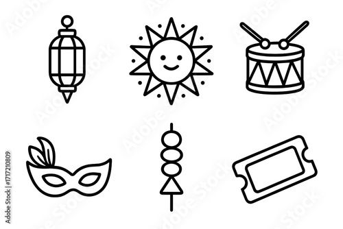 Carnival festival line icon set. Party celebration symbols. Vector linear collection with lantern, sun, drum, mask, skewer, ticket. Outline graphic element for design.
