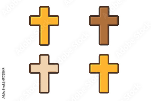 Christian cross icon set. Flat vector cartoon illustration. Bronze, gold religious signs. Symbol of faith, god, spirituality, and Christianity. Holy crucifix collection for Easter.