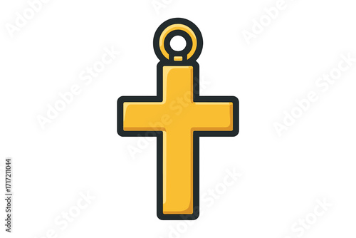 Christian cross symbol. Golden crucifix pendant icon. Religious jewelry for necklace. Vector illustration in flat cartoon style. Christianity, faith and spiritual concept.