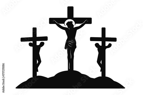 Crucifixion of Jesus Christ on the cross at Calvary. Golgotha scene with two thieves. Christian religious silhouette for Easter, Good Friday. Biblical story of salvation.