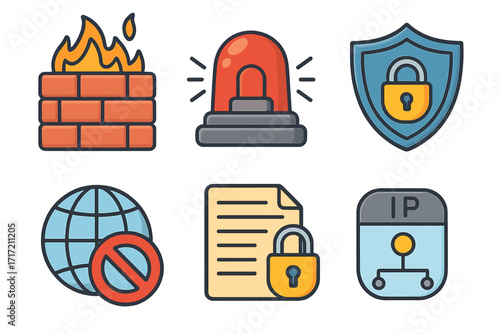 Cybersecurity icon set with firewall, intrusion alarm, vpn, and secure access policy. Vector icons for network protection, data privacy, internet safety, and blocked ip.