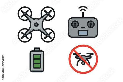 Drone icon set with quadcopter, controller, and battery. UAV technology symbols. No fly zone sign for flight rules and regulations. Aerial vehicle vector cartoon illustration.