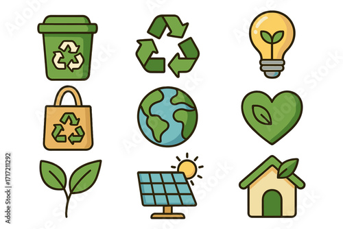 Eco friendly icon set. Green living and sustainability concept. Recycle symbol, solar panel, eco house and planet earth. Ecology and environment vector cartoon illustration.