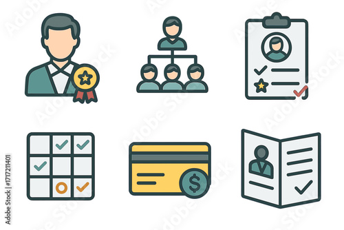 HR management icons. Business concepts for leadership, corporate structure, employee performance review, skill matrix, payroll, and company policy. Vector illustration icon set.