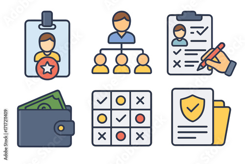 Business icons set for HR management. Leader badge, organization chart, performance review, skill matrix, payroll and HR policy symbols. Corporate vector illustration.