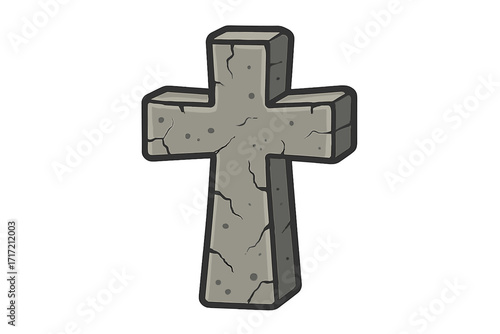 Stone cross vector illustration. Christian religious symbol of faith and catholicism. Ancient cracked rock gravestone for cemetery, tombstone or Halloween decoration. 3D cartoon icon.
