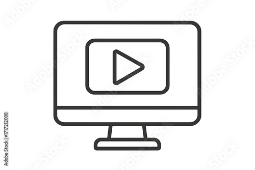 Video play button icon on computer monitor screen. Vector linear graphic for streaming service, online media player, web content, movie or tutorial. Digital display symbol.