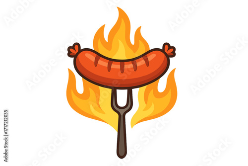 Barbecue logo with sausage on a fork. Fire symbol. Grilled wurst vector icon. Cartoon illustration for restaurant menu, grill bar, or picnic concept. Hot food isolated.