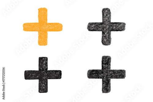 Hand drawn crayon plus sign collection. Charcoal doodle of positive cross symbols. Vector illustration set with chalk texture. Isolated graphic design elements for web and print.