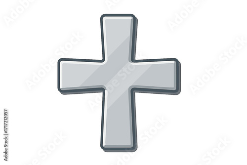 Christian cross icon. Religious symbol of faith and crucifix. Plus sign for math or medical logo. Grey glossy 3D vector illustration for church, Easter, or first aid design.