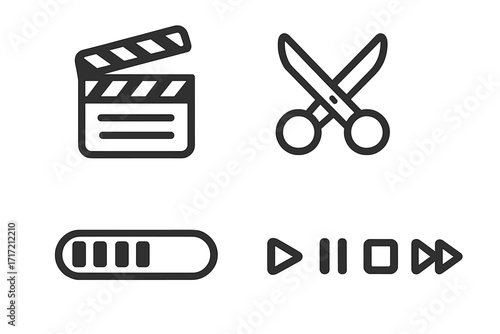 Cinema and video editing icon set. Minimalist symbols for film production and media player interface. Clapperboard, scissors, loading bar, play, pause, stop icons.