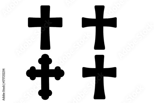 Christian cross vector icon set. Black silhouette collection of different religious crucifix shapes. Symbol of faith, god, spirituality, and catholicism for design element.