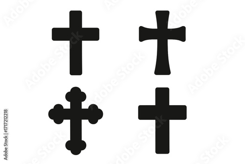 Set of black christian cross icons. Religious symbol collection. Vector silhouette illustration of various faith signs. Catholic and orthodox crucifix shapes isolated.
