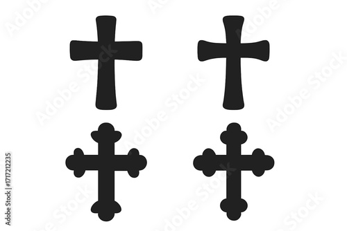 Christian cross silhouette vector icon set. Collection of religious symbols for faith, spirituality, and church design. Latin and budded cross graphic elements for belief.