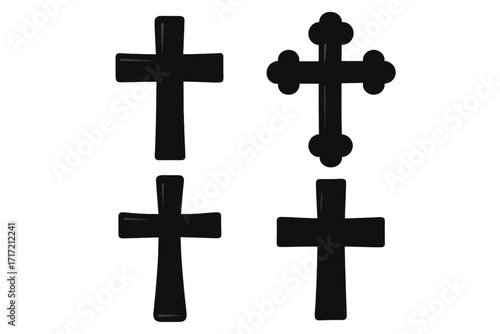 Christian cross silhouette icon set. Vector collection of black religious symbols. Faith, crucifix, Catholic, Orthodox signs. Graphic design element for church concepts.