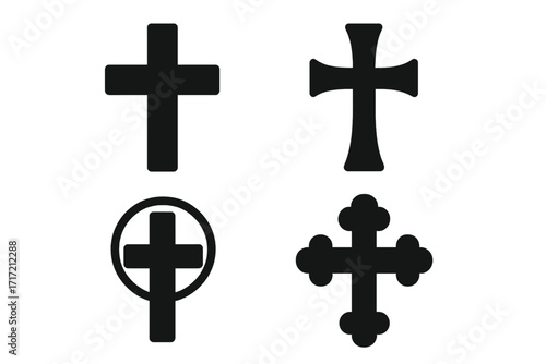 Christian cross icon set. Black silhouette of a religious symbol. Vector graphic collection of various crucifix shapes for design. Holy faith, Catholic and Orthodox sign.