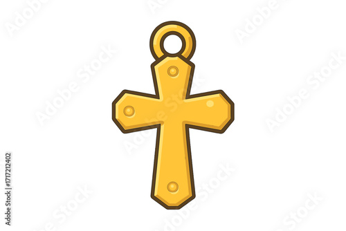 Golden cross icon. Vector cartoon jewelry illustration. Christian religious symbol of faith. Gold crucifix pendant or charm for necklace. Flat design graphic element isolated.