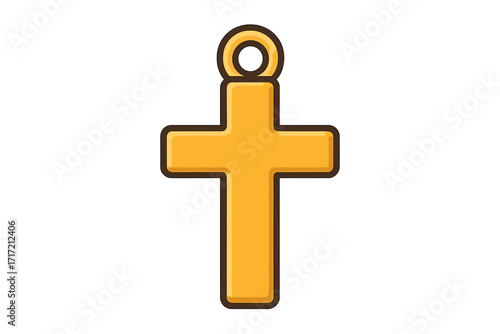 Golden cross pendant vector icon. Christian religious symbol of faith and crucifixion. Cartoon jewelry illustration for Catholicism, god, and Jesus. Isolated holy object.